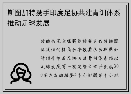 斯图加特携手印度足协共建青训体系推动足球发展