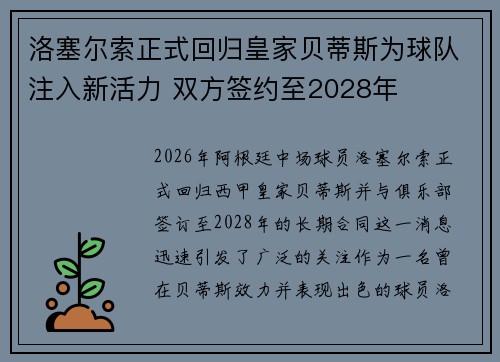 洛塞尔索正式回归皇家贝蒂斯为球队注入新活力 双方签约至2028年