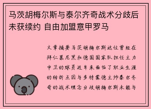 马茨胡梅尔斯与泰尔齐奇战术分歧后未获续约 自由加盟意甲罗马