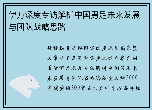 伊万深度专访解析中国男足未来发展与团队战略思路