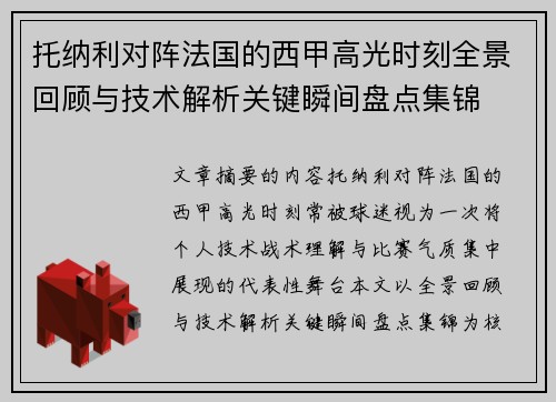 托纳利对阵法国的西甲高光时刻全景回顾与技术解析关键瞬间盘点集锦 托纳利对阵法国的西甲高光时刻全景回顾与技术解析关键瞬间盘点集锦